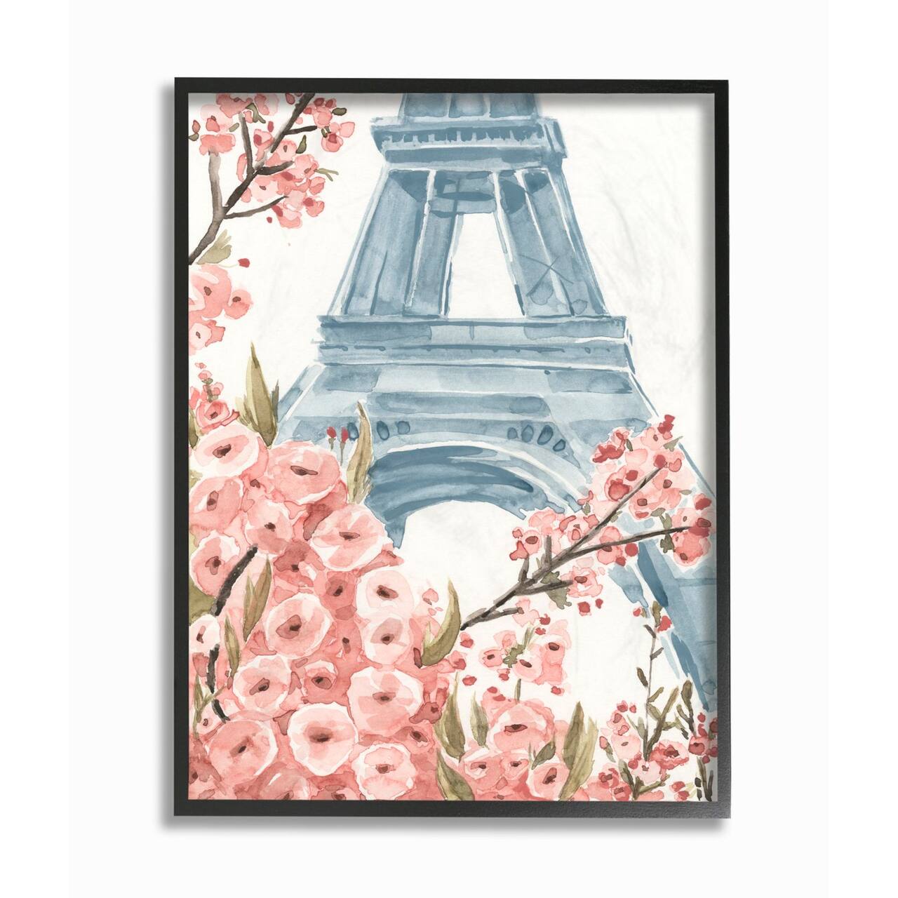 Stupell Industries Pink & Blue Paris Flowers Eiffel Tower Painting with Black Frame Wall Accent